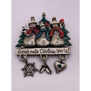 Vintage AJMC Christmas Brooch FRIENDS MAKE CHRISTMAS SPECIAL‎ Snowman Dangle Pin